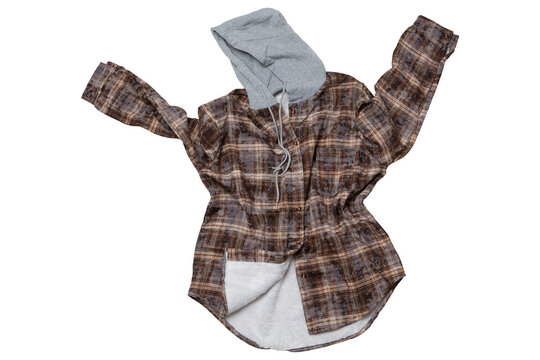Brown check hooded flannel jacket with white fleece lining isolated on white background. Casual plaid shacket with hood in flying flat lay