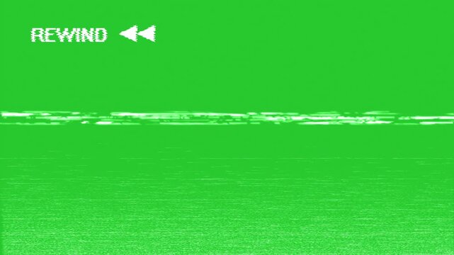 Green screen VHS rewind text overlay with analog glitch effect. Retro VCR static noise for quick chroma key compositing. Vintage video cassette tracking distortion for easy editing