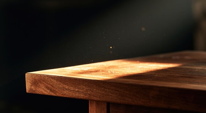 Sunbeam illuminates dust motes dancing over a polished wooden surface