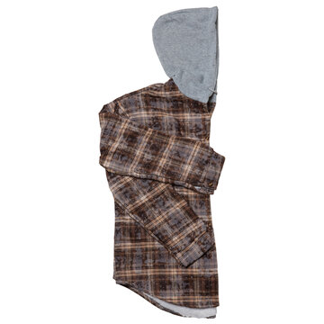 Neatly folded brown check flannel shirt with grey hood isolated on white background. Warm fleece lined plaid shacket top view