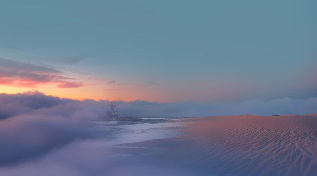 Shipwreck Zeila with power sea wave at sunset - Skeleton Coast, Henties Bay, Namibia