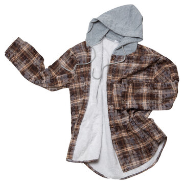 Open brown check hooded flannel shirt with soft fleece lining isolated on white background. Flying flat lay of warm casual plaid shacket
