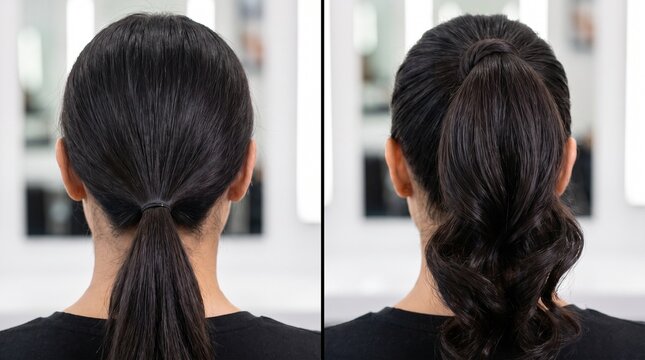 Before and after flat droopy ponytail to voluminous bouncy high hair	