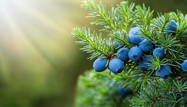the blue juniper berries on green needle branches in natural light