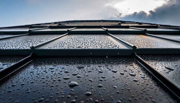 close up of gutter guard on roof during rain showing water droplets and metal material from a low angle perspective