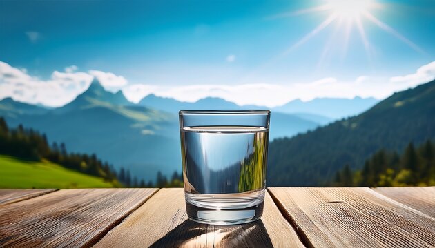 glass of fresh water on wooden table with mountain view in background on sunny day outdoor shot