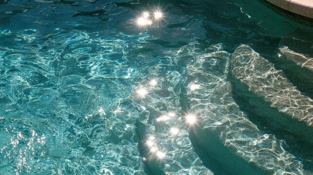 Sunlight sparkles on clear pool water and submerged stone steps