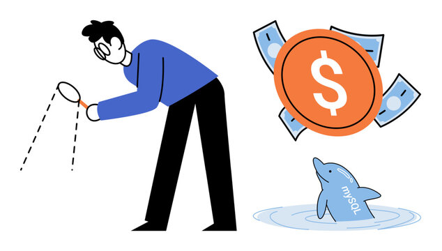 Person using a magnifying glass to analyze database performance and financial growth vector illustration. Data management, software development, profit analysis, cloud infrastructure, investment