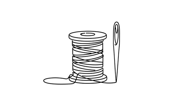 Sewing thread spool and needle on white background.