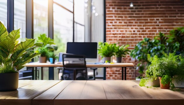 blurred modern office interior with abundant green plants natural light and rustic brick ideal eco friendly background for virtual meetings presentations website design and zoom calls