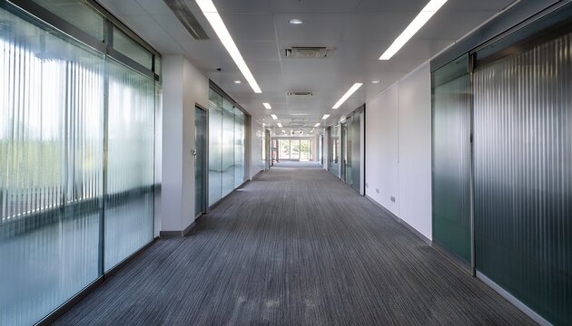 bright modern corporate office interior hallway featuring sleek glass partitions frosted privacy film polished concrete floors and contemporary recessed lighting minimalist design with a serene