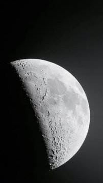 Slow motion tracking shot of moon rotating revealing lunar surface craters and terminator line against black space background