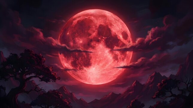 Dramatic blood red full moon shining brightly over a dark mystical mountain landscape at night, AI generated