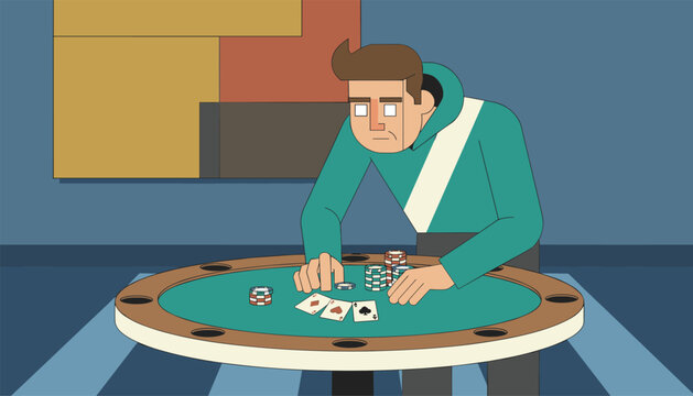 Focused man analyzing his cards and chips while playing poker at a green gambling table in a casino environment.