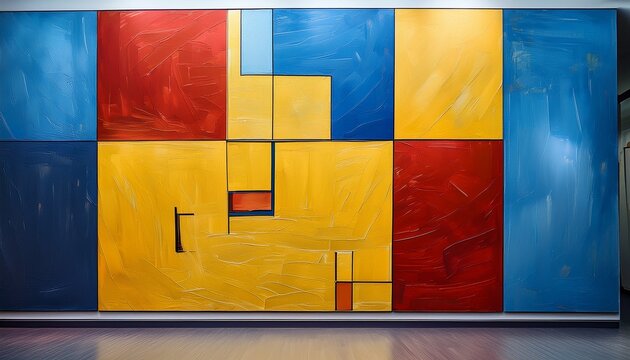 textured abstract expressionist painting featuring blue red and yellow geometric quadrants displayed prominently in a brightly lit modern art gallery