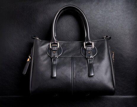 black leather handbag with structured design and dual handles displayed against a textured black leather backdrop