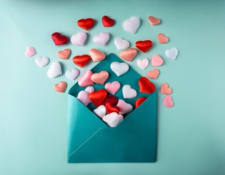 mint envelope with red white and pink hearts spilling out on pastel background