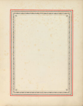 Antique paper background featuring an ornate colorful red and black decorative frame with vintage parchment texture and certificate layout.