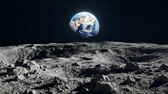 Earth rising above the lunar surface a stunning view from the moon