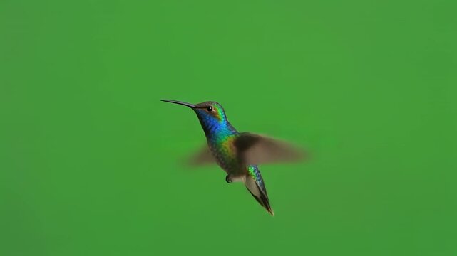 Hummingbird hovering in flight against a chroma key background with subtle motion