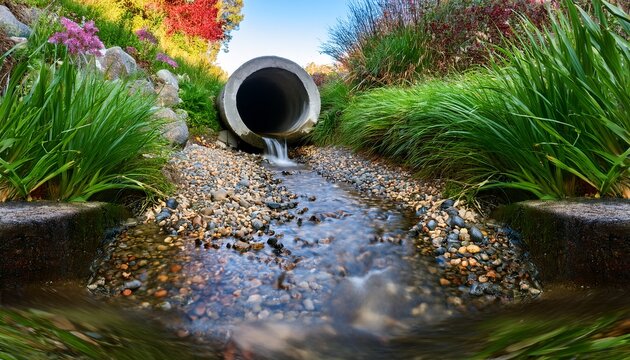 storm drainage water flowing from a concrete culvert pipe outlet into a shallow creek bed lined with multi colored pebbles and vibrant green vegetation