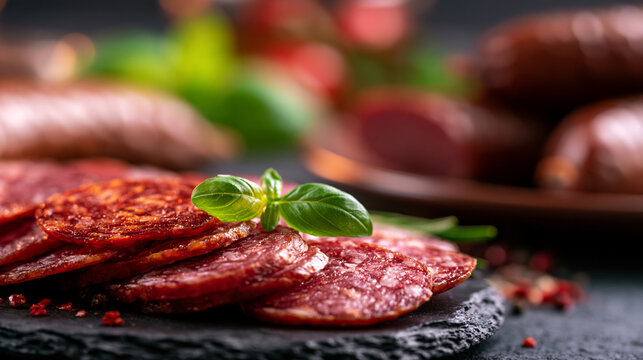 Slices of thinly cut cured salami served on a stone platter with charcuterie