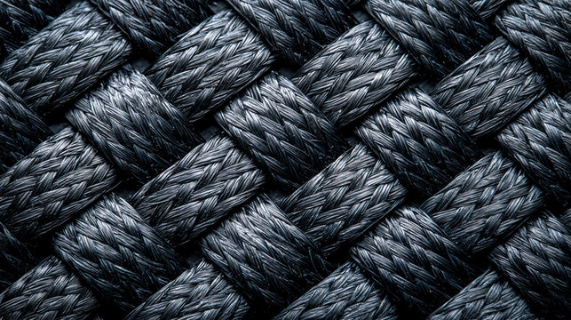 Macro close up of a dark woven carbon fiber material with braided metallic threads