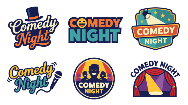 This image features a collection of logos for 'Comedy Night', showcasing fun and vibrant designs tailored for entertaining performances and lively gatherings.