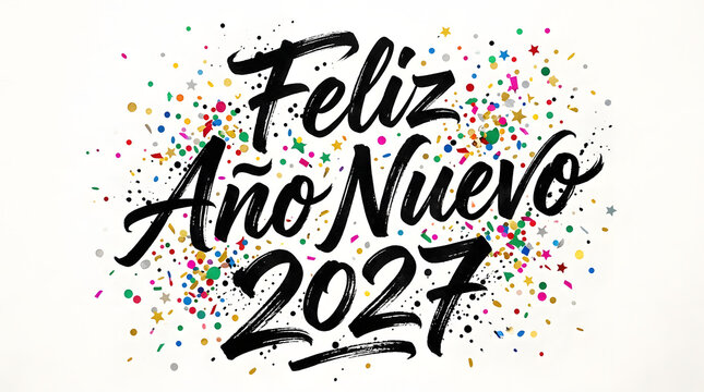 Feliz a&ntilde;o nuevo 2027 spanish new year greeting with colorful confetti, greeting