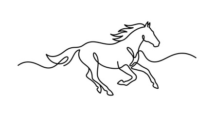 Minimalist single line drawing of a galloping horse with flowing mane and tail against a white background. © massutris