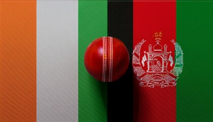 Fototapeta premium red cricket ball between ireland flag and afghanistan flag