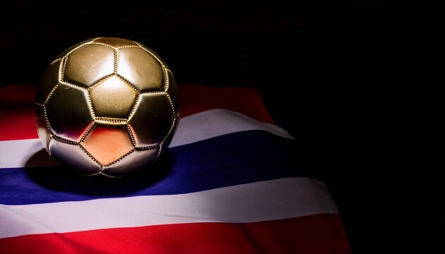 gold soccer ball placing on thailand flag in dark room; free space for text