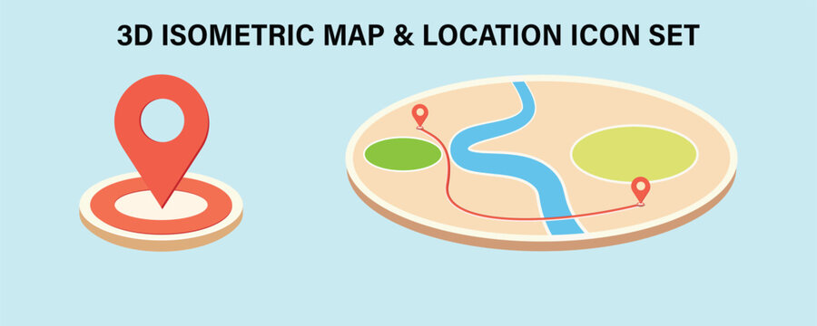 Start Here Location Pin Icon and 3D Isometric Map and Location Pin Icon Set featuring Navigation Pointer and Circular Route Map.