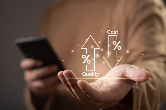 A hand presenting quality and cost comparison icons, symbolizing value optimization, cost efficiency, quality management, business decision making, pricing strategy, and performance improvement.