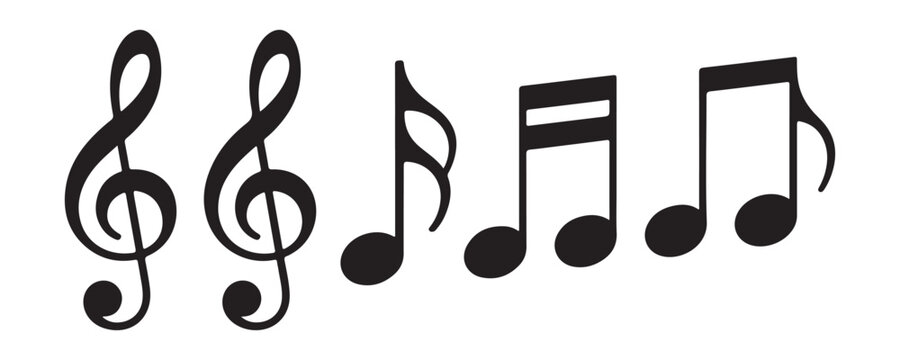 Collection of black musical notes and treble clef symbols isolated on a transparent background for art.