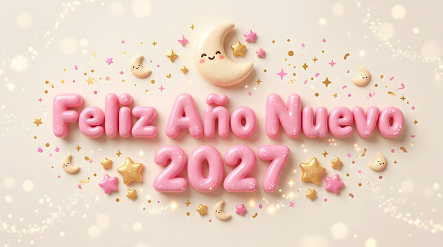 Pink and gold feliz ano nuevo 2027 message with crescent moon and stars
