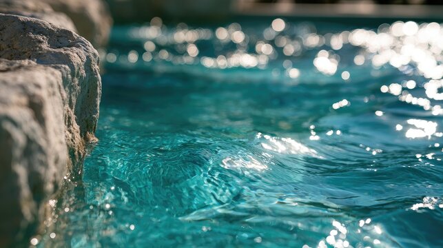 Close-up of sunlit, clear blue water lapping gently against a textured stone edge