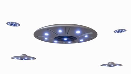 Multiple Silver UFOs Hovering White Background © Carlos-F-3D