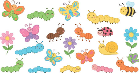 Fototapeta premium Cute Garden Bug Vector Set with Kawaii Butterfly, Caterpillar, Snail, Bee, Ant, and Ladybug Cartoon Characters for Kids Graphic Designs