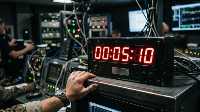 Digital countdown timer displays 00 05 10 in a dark control room with people working on equipment