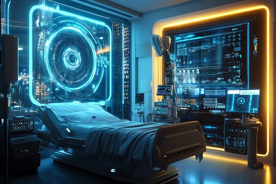 Futuristic hospital room with high tech AI technology equipment Generative AI