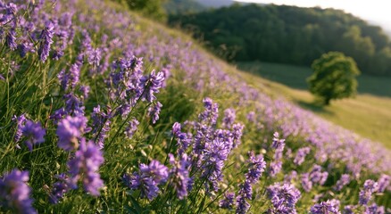 Fototapeta premium Rolling hillside covered in vibrant purple wildflowers beneath a setting sun
