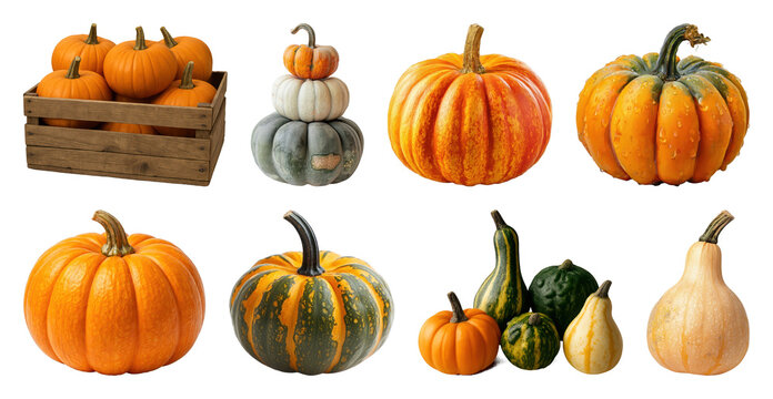 PNG Variety of pumpkins and gourds in autumn colors, transparent background