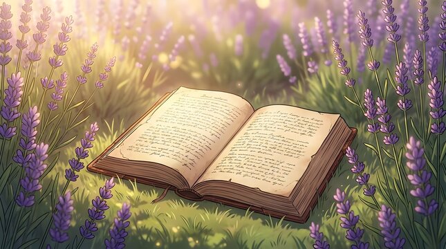 Open vintage book lying on green grass surrounded by a blooming purple lavender field with warm sunlight, AI generated