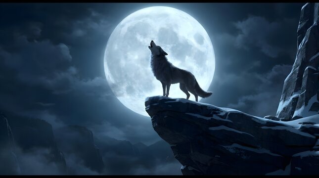 Majestic wolf howling on a snow covered cliff peak under a huge bright full moon at night, AI generated