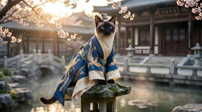 Regal Siamese cat wearing royal blue traditional Chinese hanfu robe with golden phoenix embroidery in a majestic palace courtyard garden, AI generated
