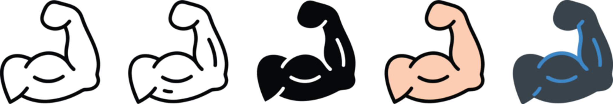 Flexed Biceps Muscle Strength Icon Set in Outline Glyph Silhouette and Colored Vector Style