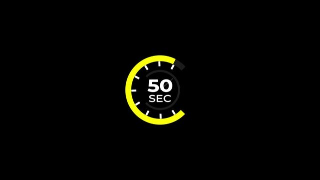 50 Min clock icon animation.Analog clock timer 50 sec countdown icon with circle loop animation on black background and alpha channel motion graphic.