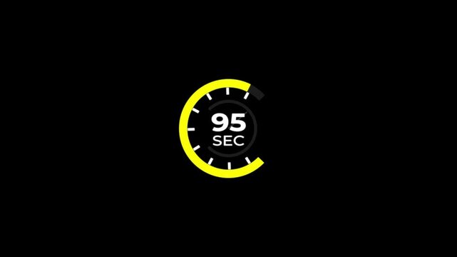 95 Min clock icon animation.Analog clock timer 95 sec countdown icon with circle loop animation on black background and alpha channel motion graphic.