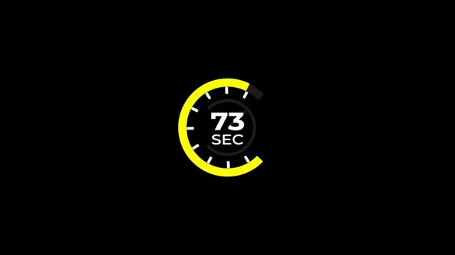 73 Min clock icon animation.Analog clock timer 73 sec countdown icon with circle loop animation on black background and alpha channel motion graphic.